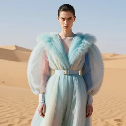 humanoid in givenchy prada, stern face, directed gaze, haute couture, editorial photoshoot, pastel colors, vivid, fashion photography, cinematic lightning, sand dunes, desert, ultra realistic, portrait photography, 8 k, hd