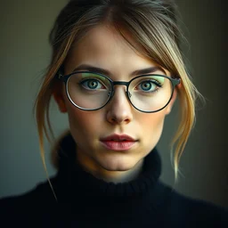 a portrait photograph of a nerdy young woman with wire frame glasses and a black sweater, tanned skin tone, dof, sharp focus, highly detailed face, symmetric face, realistic iris, cinestill 8 0 0 t, photography by paolo roversi