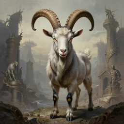 portrait shot of a demonic goat, a scenic dystopian environment, intricate, elegant, highly detailed, centered, digital painting, artstation, concept art, smooth, sharp focus, illustration, artgerm, tomasz alen kopera, peter mohrbacher, donato giancola, joseph christian leyendecker, wlop, boris vallejo
