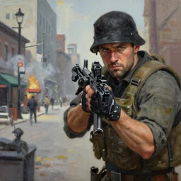 a painting of jeremy mann, battlefield 2 street attack on place des art montreal