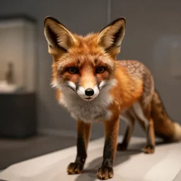 a taxidermized fox with a human face, in a museum, 8 5 mm lens, 7 0 mm entrance pupil diameter