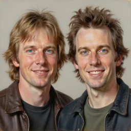 Caricature portraits done of Gene Ween and Dean Ween, realistic, hyperrealistic, very realistic, highly detailed, very detailed, extremely detailed, detailed, oil painting, digital art, trending on artstation