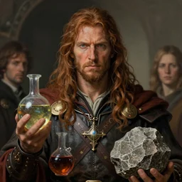 close - up portrait of alchemist warrior, equipped with potions and magic rock, highly detailed, by frank frazetta, keith parkinson and greg rutkowski and aleksandra skiba