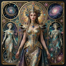 detailed realistic beautiful young groovypunk queen of andromeda galaxy in full regal attire. art nouveau, symbolist, visionary, baroque, giant fractal details. horizontal symmetry by zdzisław beksinski, iris van herpen, raymond swanland and alphonse mucha. highly detailed, hyper - real, beautiful