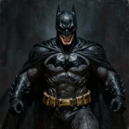 portrait painting of the batman who laughs, sharp focus, full figure action shot, award - winning, dark fantasy, eerie, horrific, trending on artstation, masterpiece, highly detailed, intricate. art by josan gonzales and moebius and deathburger