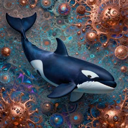 orcas swim, by fiona staples and dustin nguyen, peter elson, alan bean, wangechi mutu, metallic colors, fractals, deepdream, oxidized copper, led light, highly detailed and intricate, psychedelic, sharp focus,