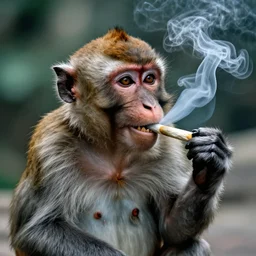 detailed photo of a happy monkey smoking a joint, smoke, 4k, cinestill 800t,