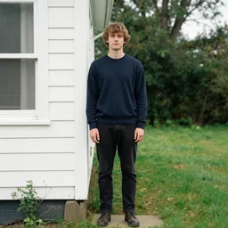 a portrait of a character standing near a house by mark ryden