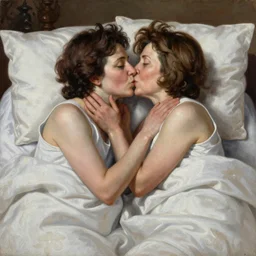 An ultradetailed oil painting of Tsai Ing-wen and Nancy Pelosi lying in bed, kissing, by Michelangelo, 4k