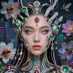 very beautiful woman integrating with technology, full face frontal centered, portrait, insipiring, detailed intricate ornate cables connected to head, big open electric eyes, luxurious detailed abundent wiring and implants, diamonds, ruby, sci - fi, neon, emeralds, detailed technology background with cyber flowers and insects, highly detailed, artstation, 8 k, by johanna martine and lalique, rene