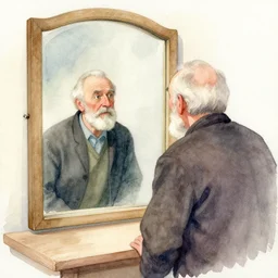 lithography of an old man looking his reflection on a big mirror, colored, soft colors, watercolor, paper texture