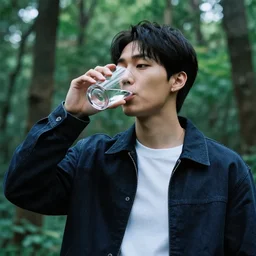 j - hope rap monster, photo close, drinking a glass of water, middle of the woods