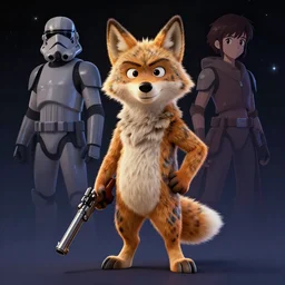 A full length anthropomorphic coyote posing with a gun, furry art, rendered by Beeple, by Makoto Shinkai, syd meade, starwars, space art concept, digital art, unreal engine, WLOP, trending on artstation, 4K UHD image, octane render,
