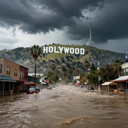 hollywood boulevard hit by a biblical flood during a storm, dramatic lighting, beautiful, stunning landscape artwork by artgerm, rutkowski, wlop featured on artstation, cgsociety, behance hd