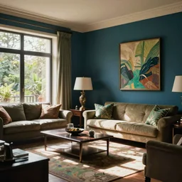 photo of elegant, sophisticated living room natural lights home interior blue, green brown colors cozy