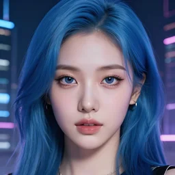 a gorgeous korean girl with blue hair, dj sura face, photo, cyberpunk night city background professionally retouched, soft lighting, feather hair, realistic, smooth face, perfect eyes, wide angle, sharp focus on eyes, 8 k high definition, insanely detailed, intricate, elegant, art by artgerm and greg rutkowski and j scott campbell