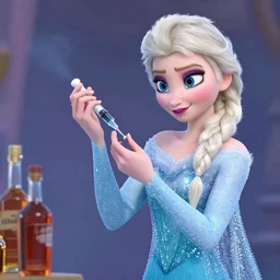 elsa from frozen injecting drugs, liquor bottles
