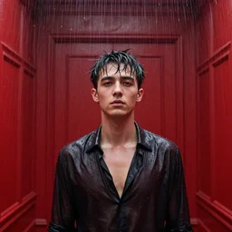 Wet young man standing on his head in the red room rain