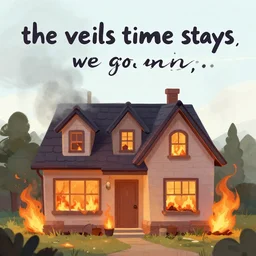 a house on fire with the words the veils time stays, we go, an album cover by valerie petts, tumblr contest winner, sots art, velvia, ominous vibe, official art