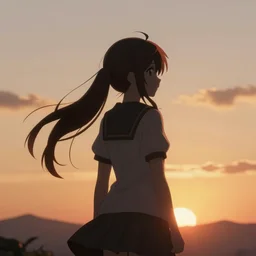 anime girl facing the isekai sunset, extreme back lit silhouette