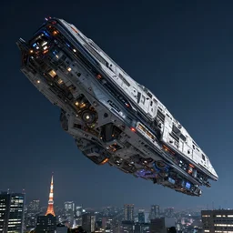 a huge spaceship floating over tokio at night, low angle shot, highly detailed, very intricate, volumetric lighting, concept art, by asher brown durand and greg rutkowski, featured on artstation, 8 k