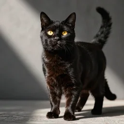 a black cat with yellow eyes, missing some whiskers and standing up