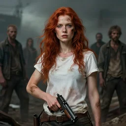cinematic shot epic portrait an female survivor wearing a white t shirt and holding an gun, apocalyptic backround, dirty clothes, dirty skin, flowing red long hair, beauty, broad light, ambient occlusion, volumetric light effect, made by ivan aivazovsky, peter mohrbacher, greg rutkowski, matte painting, trending on artstation, 4 k, perfectly defined features, digital painting, cinematic, epic, highly detailed,