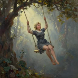 hillary clinton swinging as tarzan. gouache fairytale art, russian romanticism, muted palette, backlighting, depth of field