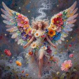 a colorful and provenance portrait painting of a angel with her hugeflowers wings spread out gracefully, highly saturated colors, highly detailed, hair made of hair made of air wind and curling smoke, mist, dust, genie, flowers, flower, stars, spirit fantasy concept art, art by charlie bowater and aenami, trending on artstation.
