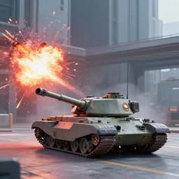 a single futuristic tank shooting at the building, red fiery explosions, detailed, movie scene, cinematic lights, 3 d photorealistic