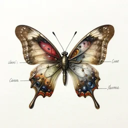 very precise anatomy plan of a steampunk butterfly. photoreal picture annotated with black pencil. watercolor