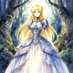 inca scifi princess of the lichen woods, wearing a lovely dress with cyberpunk elements. this watercolor painting by the award - winning mangaka has an interesting color scheme, plenty of details and impeccable lighting.