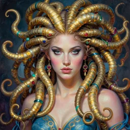 portrait of a beautiful rendition of the mythical medusa, illustration, artistic, colorful, hyper detailed, in the style of greg rutkowski