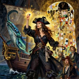 a pirate witch summoning a kraken aboard a ghost ship by olivia de berardinis and gustav klimt and mark arian and harry ekman and gregory crewsdon