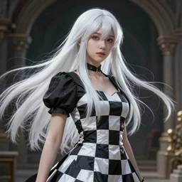 An epic fantasy comic book style portrait painting of a pale girl with long straight white hair, she is wearing a dress with a chess pattern, Unreal 5, DAZ, hyperrealistic, octane render, cosplay, RPG portrait, dynamic lighting