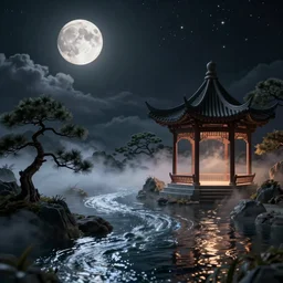 cg rendering of a surreal ancient chinese landscape, with a stream, little moon | moonlet, an ancient chinese pavilion and pine trees on the water surface, a dark starry sky, clouds, lighting in the pavilion, magical light fog, night, dim light, aestheticism, fantasy, 8 k, cinematic, zbrush, marmoset toolkit