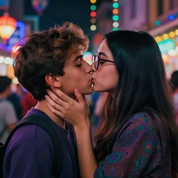 colorful and festive captivating teenager boy with long straight black hair wearing glasses, kissing a teenager boy with short brown hair and dark skin. rich vivid colors, ambient lighting, dynamic lighting, 4 k, atmospheric lighting, painted, intricate, highly detailed by charlie bowater