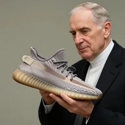 john paul ii admiring a yeezy 3 5 0 sneaker in his hands