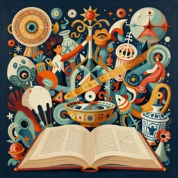 artifacts and ancient book illustrated in superflat style, intricate flat acrylic painting, monumental dynamic illustration, illusion surreal art, highly conceptual figurative art, intricate detailed illustration, controversial poster art