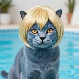 professional photo of a blue cat wearing a blonde wig 1!!!, short hair wig, super saiyan hair cut!!, studio lighting, very detailed, unreal engine, canon photo!!!!, professional lighting, good composition, winning award photo, real cat, real, swimming pool