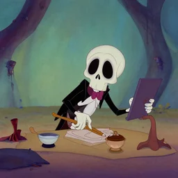 an disney animation of the death character working in a open-space, 1970.