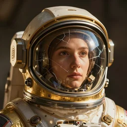 an up close photo of a gold science - fiction astronaut helmet with cracked glass visor showing a face, unreal engine, raytracing,