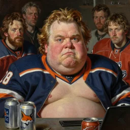 hyper realistic portrait of a hugely fat ugly don cherry, don cherry old degenerate watching fox hockey fights, surrounded by beer cans, portrait dnd, painting by gaston bussiere, craig mullins, greg rutkowski, yoji shinkawa