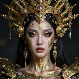 hyperrealistic detailed portrait of a beautiful goddess in an iridescent - gold ornamental ritual headdress, intricate cyberpunk make - up, golden face tattoos, insane details, art by ernst haeckel, android jones, john william godward, gothic - cyberpunk, beautiful deep colours,