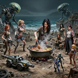 she makes the deep boil. dark fantasy about casually - dressed women with male humans in dirty seaside town, a globster, and beautiful song. action - packed hunting!!! hybridizing!! alien - robot invasion science - fiction blockbuster. operating alien military vehicles and weapons. figma figure playset diorama.