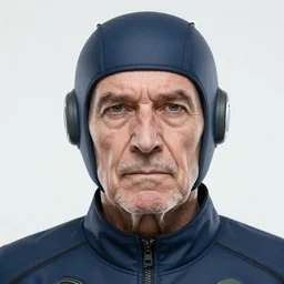 close - up portrait photograph of an stern old man wearing futuristic navy blue uniform holding a white plastoid shield in his left hand and a blaster in his right hand. in the background there is rolling green plains with snowcapped mountains in the distance.