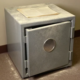 a large safe with top secret documents covered in cheese dust