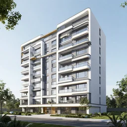 architecture render of exterior of modern apartment building, realistic, hd, 8 k, digital rendering, unreal engine, blender, octane, maya