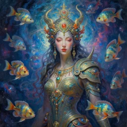 goddess of tropical fish metaverse made of ancient magic technology, galactic nebular astral realm sacred journey in oil painting, trending on artstation, award winning, emotional vibrant, highly detailed surrealist art