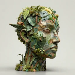 abstract, sculpture articuno made of various materials from rainforest of face of artificial intellicgence